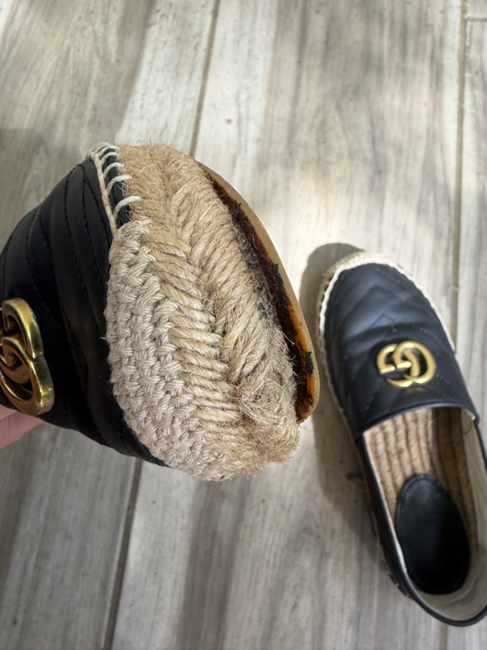Black Quilted Espadrille Slip-On Shoes with Gold Emblem - Picture 8 of 10
